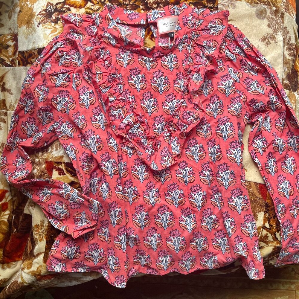 NWT red floral long sleeve button up blouse with retro ruffle bodice